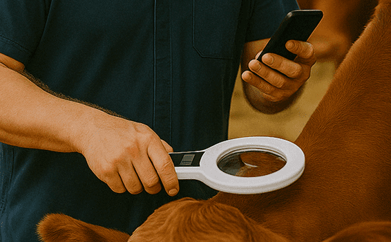 Ganadero escaneando microchip de animal con lector RFID bluetooth