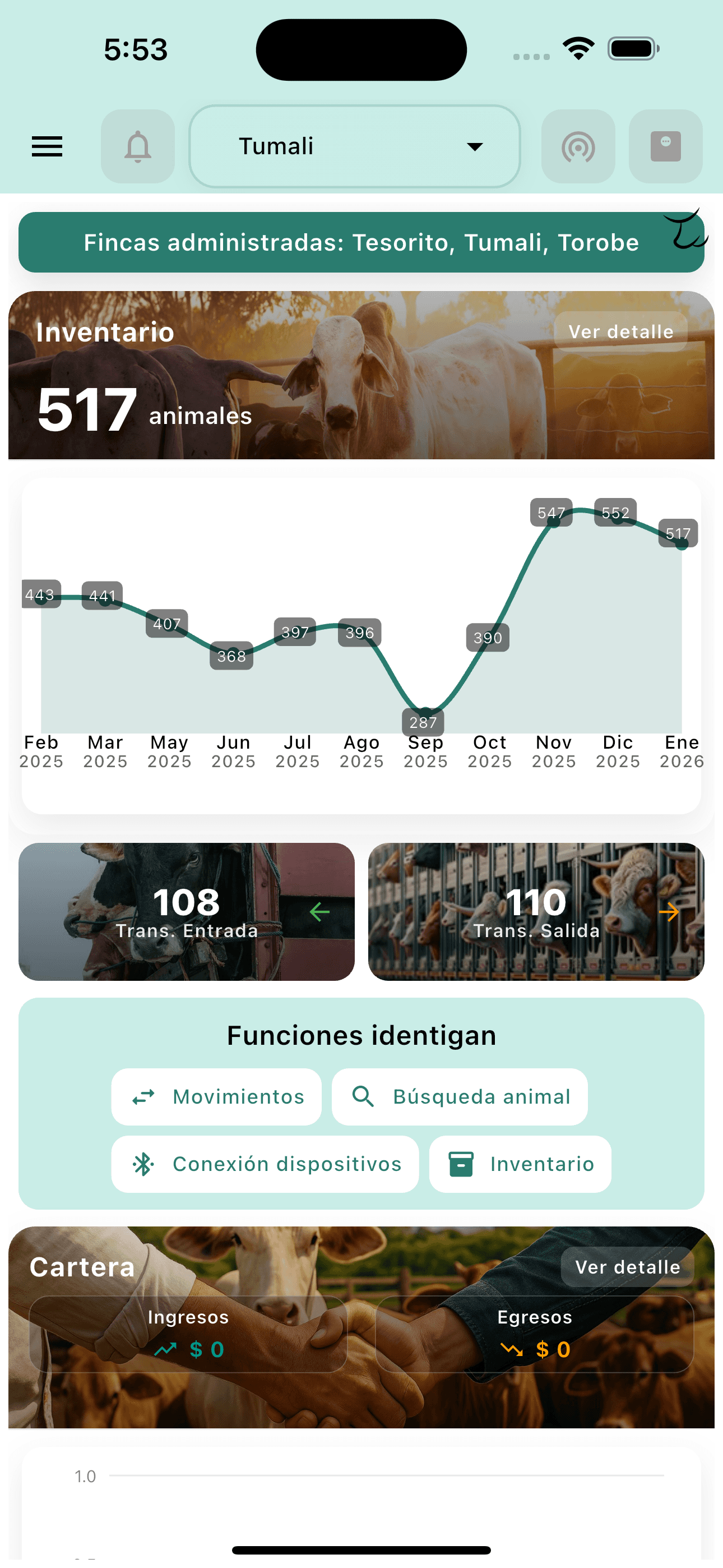 App Identigan — pantalla principal con inventario ganadero y estadísticas