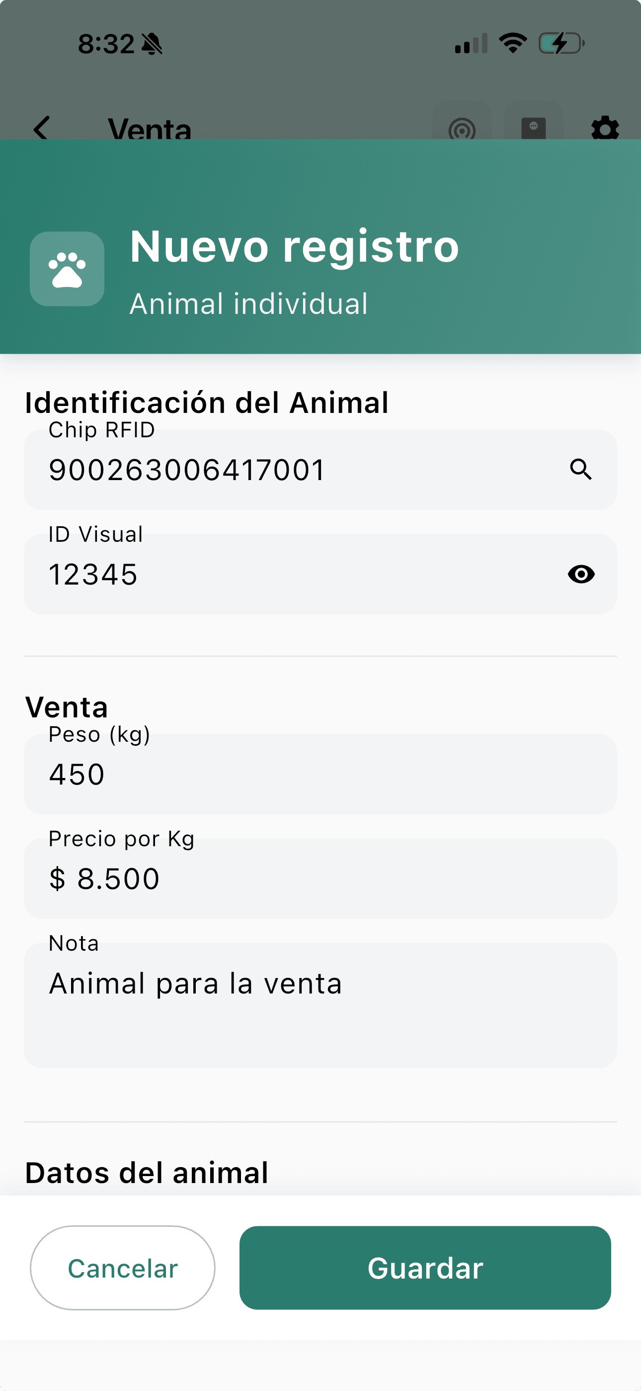 App Identigan registrando datos de animal sin conexión a internet